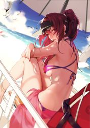 Rule 34 | 1girl, armpits, back, bad id, bad pixiv id, bare back, bare shoulders, beach, beach umbrella, bikini, bird, black hat, bracelet, breasts, commentary request, day, dimples of venus, dutch angle, eyewear on head, fate/grand order, fate (series), feet out of frame, from behind, hat, jewelry, knees up, large breasts, looking at viewer, looking back, mouth hold, nail polish, ocean, outdoors, parted lips, pink bikini, ponytail, red nails, reroi, sarong, scathach (fate), scathach (fate/grand order), scathach (swimsuit assassin) (fate), seagull, see-through, sideboob, sitting, solo, sunglasses, swimsuit, umbrella, visor cap, whistle
