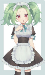 Rule 34 | 1girl, :o, alternate costume, apron, bad id, bad twitter id, blue ribbon, brown dress, cowboy shot, dress, enmaided, frilled apron, frilled dress, frilled sleeves, frills, green hair, hand up, highres, kiratto pri chan, long hair, looking at viewer, maid, maid headdress, neck ribbon, open mouth, parted bangs, pretty series, puffy short sleeves, puffy sleeves, rabbily (kiratto pri chan), red eyes, ribbon, shiyurinpu, short sleeves, solo, standing, star-shaped pupils, star (symbol), symbol-shaped pupils, twintails, waist apron, white apron, wrist cuffs