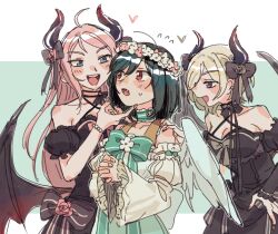 3girls _nijigasaki_high_school_idol_club ahoge angel_wings black_dress blonde_hair blue_eyes blush breasts cleavage collaboration demon_girl demon_horns demon_tail demon_wings dress fang fingernails flower flustered green_dress green_hair hand_on_another&#039;s_chin hands_on_own_hips horns long_fingernails love_live! mia_taylor mifune_shioriko mole mole_under_eye multiple_girls nails panic panicking pink_hair praying red_eyes ribbon rose seductive_gaze seductive_smile smile tail white_hair wings zhong_lanzhu