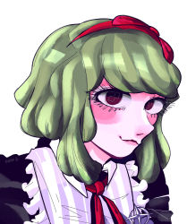Rule 34 | 1girl, black dress, blush, bow, closed mouth, danganronpa (series), danganronpa another episode: ultra despair girls, dress, eyebrows hidden by hair, eyelashes, female focus, green hair, hair bow, hairband, headband, highres, looking at viewer, medium hair, bowtie, neck ribbon, nose, pink lips, red bow, red eyes, red hairband, red headband, red headwear, red ribbon, ribbon, signature, simple background, solo, towa monaca, wavy mouth, white background