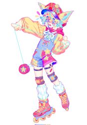 Rule 34 | 1boy, bandaid, bandaid on face, bandaid on leg, bandaid on nose, bow, corrupted twitter file, drawstring, earrings, fang, furry, furry male, garter straps, hair ornament, hairclip, heart stickers, highres, hood, hoodie, jewelry, knee pads, looking at object, moon print, original, overall shorts, overalls, papyuuno, patchwork clothes, rainbow flag, rainbow print, raised eyebrows, roller skates, simple background, skates, smile, solo, star-shaped pupils, star (symbol), star print, star sticker, sticker on face, symbol-shaped pupils, white background, yo-yo