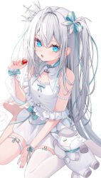 Rule 34 | 1girl, 333shishishi333, absurdres, blue eyes, bow, commission, crown, dress, food, fruit, grey hair, hair bow, highres, holding, holding food, holding fruit, indie virtual youtuber, long hair, looking at viewer, mini crown, open mouth, petr petrichor, single barefoot, single thighhigh, sitting, skeb commission, solo, strawberry, stuffed animal, stuffed horse, thigh strap, thighhighs, two side up, virtual youtuber, wariza, white dress, white thighhighs