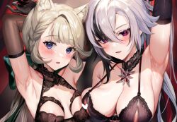 Rule 34 | 2girls, animal ears, areola slip, arlecchino (genshin impact), armpits, arms up, bare shoulders, black choker, black gloves, black hair, black thighhighs, braid, breasts, cat ears, choker, commentary request, elbow gloves, genshin impact, gloves, grey hair, hominamia, large breasts, lingerie, long hair, looking at viewer, lynette (genshin impact), medium breasts, multicolored hair, multiple girls, parted lips, purple eyes, smile, streaked hair, thighhighs, underwear, upper body, very long hair