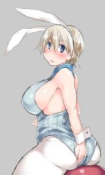 Rule 34 | 10s, 1girl, animal ears, ass, bare shoulders, blonde hair, blue eyes, blush, brave witches, breasts, fake animal ears, kuronyan, large breasts, leotard, looking at viewer, looking back, nikka edvardine katajainen, open mouth, pantyhose, playboy bunny, rabbit ears, short hair, sideboob, solo, strike witches, white pantyhose, world witches series, wrist cuffs