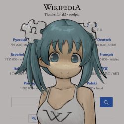 Rule 34 | 1girl, bare arms, bare shoulders, blue eyes, blue hair, dot nose, facing viewer, looking at viewer, smile, solo, spaghetti strap, thank you, upper body, wikipe-tan, wikipedia, zoolpal