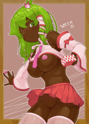 Rule 34 | 1girl, \||/, alternate skin color, apollo chocolate, armpits, blush, bow, box, breasts, chocolate, closed mouth, clothes lift, commentary request, cowboy shot, dark-skinned female, dark skin, dated, detached sleeves, frog hair ornament, green eyes, green hair, hair ornament, highres, holding, holding box, kei jiei, kochiya sanae, large breasts, long hair, looking at viewer, miniskirt, nipples, no bra, no panties, one eye closed, pink shirt, pink sleeves, pink thighhighs, pleated skirt, pussy, red bow, red skirt, shirt, shirt lift, single hair tube, single sidelock, skirt, sleeve bow, sleeveless, sleeveless shirt, smile, snake hair ornament, solo, thighhighs, touhou, valentine, very dark skin