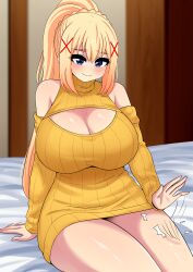 Rule 34 | 1girl, absurdres, bare shoulders, bed, blonde hair, blue eyes, blush, breasts, cleavage, curvy, darkness (konosuba), detached sleeves, dress, hair between eyes, hair ornament, highres, huge breasts, kono subarashii sekai ni shukufuku wo!, lap pillow invitation, long hair, looking at viewer, patting lap, ponytail, sidelocks, sitting, smile, solo, sweater, sweater dress, the only shoe, thick thighs, thighs, turtleneck, turtleneck sweater, x hair ornament, yellow sweater