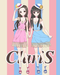 Rule 34 | 2girls, alice (claris), bad id, bad pixiv id, black hair, blue eyes, brown eyes, character name, clara (claris), claris (group), collarbone, contemporary, dress, english text, fashion, holding hands, hat, high heels, holding, holding hat, mizuta mari, multiple girls, sandals, skirt, skirt hold, smile, straight hair, striped, striped background, vertical stripes, wavy hair
