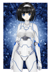 Rule 34 | 1girl, android, black hair, blue eyes, border, joints, kurogane daichi, original, robot, robot joints, solo, white border