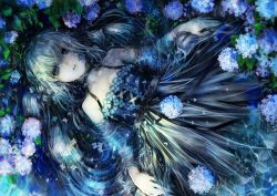Rule 34 | 1girl, afloat, bare shoulders, black choker, blue dress, blue eyes, blue flower, blue hair, choker, dress, empty eyes, fingernails, flower, from above, hair spread out, highres, hydrangea, komota (kanyou shoujo), long hair, looking at viewer, lying, on back, original, parted lips, partially submerged, purple flower, solo, water, wet