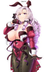 Rule 34 | 1girl, adapted costume, animal ears, black choker, black ribbon, breasts, brown gloves, brown pantyhose, chest tattoo, choker, claw ring, cleavage, closed mouth, cowboy shot, detached sleeves, drill hair, fake animal ears, gloves, hair ribbon, highres, hyakumantenbara salome, juliet sleeves, large breasts, leotard, long hair, long sleeves, nijisanji, pantyhose, playboy bunny, puffy sleeves, purple eyes, purple hair, rabbit ears, red leotard, ribbon, saizu nitou gunsou, simple background, solo, standing, strapless, strapless leotard, tattoo, very long hair, virtual youtuber, white background