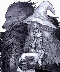 Rule 34 | 1boy, 1girl, armor, blaidd the half-wolf, cloak, closed mouth, cracked skin, elden ring, extra arms, from side, fur cloak, furry, furry male, gauntlets, grey background, hair ribbon, hand up, hat, highres, holding, holding person, jewelry, neji vuldarak, own hands together, ranni the witch, ribbon, ring, simple background, tress ribbon, tusks, upper body, weapon, witch hat, wolf boy