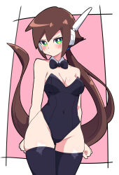 Rule 34 | 1girl, absurdres, aile (mega man zx), bare shoulders, black bow, black bowtie, black leotard, black thighhighs, bow, bowtie, breasts, brown hair, buzzlyears, collarbone, green eyes, highres, leotard, long hair, medium breasts, mega man (series), mega man zx, mega man zx advent, solo, thighhighs