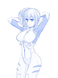 Rule 34 | 1girl, arm behind head, armpits, ayanami rei, ayanami rei (cosplay), blue theme, breasts, cosplay, cowboy shot, date a live, from side, gluteal fold, hair between eyes, hand in own hair, highres, large breasts, legs together, long hair, monochrome, murasame reine, neon genesis evangelion, parted bangs, plugsuit, solo, standing, thigh gap, viperxtr, white background