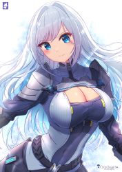 Rule 34 | 1girl, armor, blue eyes, breasts, chinchongcha, cleavage, cleavage cutout, closed mouth, clothing cutout, ethel (xenoblade), grey hair, happy, highres, large breasts, long hair, shoulder armor, smile, solo, xenoblade chronicles (series), xenoblade chronicles 3