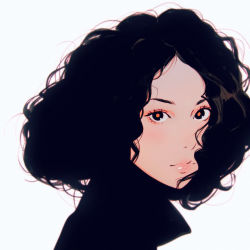 Rule 34 | 1girl, black eyes, black hair, chromatic aberration, close-up, closed mouth, curly hair, highres, ilya kuvshinov, lips, looking at viewer, original, portrait, short hair, solo, white background