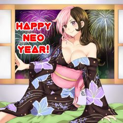 Rule 34 | 1girl, 2018, arm support, artist name, blush, breasts, brown eyes, brown hair, character name, cleavage, dated, eyes visible through hair, fireworks, floral print, happy new year, heterochromia, highres, indoors, japanese clothes, kimono, large breasts, long hair, looking at viewer, maroonabyss, multicolored hair, neo politan, new year, night, no bra, off shoulder, pink hair, pun, purple eyes, rwby, single bare shoulder, smile, solo, text focus