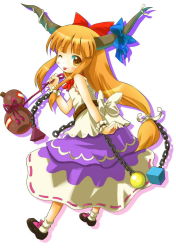 Rule 34 | 1girl, ;), ball, blonde hair, blue skirt, blush, bottle, bow, bowtie, brown eyes, chain, cube, female focus, gourd, hair bow, horns, ibuki suika, long hair, looking at viewer, low-tied long hair, michii yuuki, one eye closed, oni, orange eyes, orange hair, pyramid (structure), red bow, red bowtie, shirt, simple background, skirt, smile, solo, standing, tongue, touhou, very long hair, white background, white shirt, wink, wrist cuffs