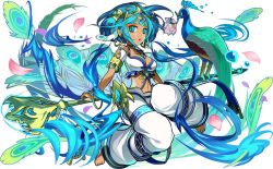 Rule 34 | 1girl, ahoge, bare shoulders, barefoot, blue eyes, blue hair, breasts, food, fruit, hair ornament, jewelry, looking at viewer, lots of jewelry, matching hair/eyes, navel, official art, peach, puzzle &amp; dragons, sarasvati (p&amp;d), solo, staff