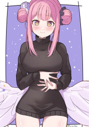 Rule 34 | 1girl, alternate costume, angel wings, black sweater, blue archive, blush, breasts, closed mouth, commentary request, double bun, fingernails, flower, frilled ribbon, frills, hair bun, hair flower, hair ornament, hair ribbon, hair scrunchie, halo, katsukare, large breasts, long sleeves, looking at viewer, low wings, mika (blue archive), nail polish, pink hair, pink halo, pink nails, pink wings, purple background, purple scrunchie, ribbon, scrunchie, sleeves past wrists, smile, solo, star (symbol), starry background, sweater, thighs, twitter username, white background, white ribbon, wings, yellow eyes