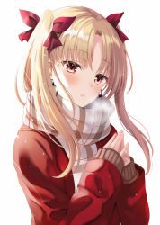 Rule 34 | 1girl, alternate costume, bad id, bad pixiv id, blonde hair, blush, bow, breath, brown scarf, coat, commentary request, earrings, ereshkigal (fate), fate/grand order, fate (series), hair bow, harimoji, jewelry, long hair, long sleeves, own hands together, parted bangs, red bow, red coat, red eyes, scarf, simple background, sleeves past wrists, solo, two side up, upper body, white background