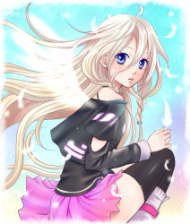 Rule 34 | 1girl, ahoge, blonde hair, blue eyes, boots, feathers, ia (vocaloid), long hair, looking at viewer, off shoulder, pink hair, rapi (rapikani0503), skirt, solo, thighhighs, vocaloid, wings