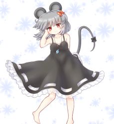 Rule 34 | 1girl, adapted costume, animal ears, bare arms, bare shoulders, barefoot, bell, collarbone, dress, gem, grey dress, grey hair, hair bobbles, hair ornament, hand in own hair, head tilt, highres, jewelry, looking at viewer, mofu mofu, mouse ears, mouse tail, nazrin, necklace, pendant, red eyes, simple background, sleeveless, sleeveless dress, smile, solo, tail, tail bell, tail ornament, touhou