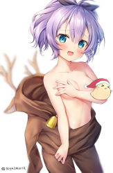 Rule 34 | 1girl, ahoge, animal costume, antlers, azur lane, bad id, bad pixiv id, bell, bird, blue eyes, blush, breast hold, breasts, censored, censored nipples, chick, collarbone, commentary request, convenient censoring, covering breasts, covering one breast, covering privates, hair ribbon, hand on own chest, hat, horns, javelin (azur lane), looking at viewer, medium breasts, navel, open mouth, purple hair, reindeer antlers, reindeer costume, revision, ribbon, santa hat, simple background, solo, suyamori, topless, undressing, white background