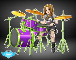 Rule 34 | absurdres, bass drum, black footwear, black shorts, blush, brown eyes, brown hair, commentary, commission, cymbals, drum, drum set, drumsticks, english commentary, headband, highres, holding, holding drumsticks, instrument, judas priest, k-on!, leggings, long hair, looking at viewer, loreleth, open mouth, shoes, shorts, sitting, snare, snare drum, spikes, tainaka ritsu, watermark