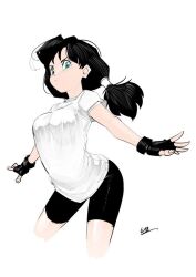 Rule 34 | 1girl, 591mm, bike shorts, black gloves, black hair, black shorts, blue eyes, breasts, closed mouth, dragon ball, dragonball z, fingerless gloves, gloves, long hair, looking at viewer, medium breasts, shirt, short sleeves, shorts, signature, solo, twintails, videl, white background, white shirt