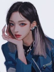 Rule 34 | 1girl, aespa, black hair, black shirt, blue eyes, blue jacket, ear piercing, expressionless, eyeshadow, fingernails, grey hair, grey nails, hair behind ear, hand on own chin, jacket, jewelry, k-pop, leaning forward, long fingernails, looking at viewer, makeup, multicolored hair, necklace, piercing, pink eyeshadow, portrait, real life, realistic, red lips, sharp fingernails, shirt, solo, two-tone hair, winter (aespa), zero q 0q