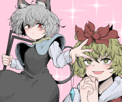 Rule 34 | 2girls, ahoge, animal ear fluff, blonde hair, dowsing rod, expressionless, fe (tetsu), mouse tail, multicolored hair, multiple girls, nazrin, open mouth, own hands clasped, own hands together, pink background, red eyes, silver hair, simple background, sparkle, streaked hair, tail, toramaru shou, touhou, yellow eyes