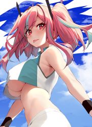 Rule 34 | 1girl, absurdres, azur lane, bad id, bad twitter id, bare shoulders, blue sky, blush, breasts, bremerton (azur lane), bremerton (scorching-hot training) (azur lane), crop top, crop top overhang, hair ornament, highres, large breasts, long hair, looking at viewer, multicolored hair, pink eyes, pink hair, shirt, shunichi, sidelocks, skirt, sky, sleeveless, sleeveless shirt, smile, solo, sportswear, streaked hair, tennis uniform, tongue, tongue out, twintails, two-tone shirt, underboob, white shirt, white skirt, wristband