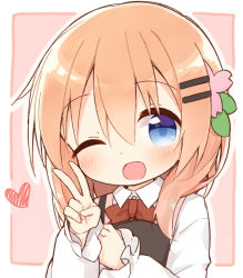 Rule 34 | 1girl, ;d, ayanepuna, blue eyes, blush, bow, brown hair, collared shirt, dress shirt, gochuumon wa usagi desu ka?, hair between eyes, hair ornament, hairclip, heart, holding, holding tray, hoto cocoa, long hair, long sleeves, one eye closed, open mouth, outline, pink vest, rabbit house uniform, red bow, shirt, sleeves past wrists, smile, solo, tray, uniform, upper body, v, vest, waitress, white outline, white shirt
