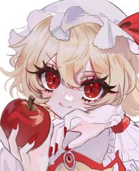 Rule 34 | 1girl, apple, blonde hair, flandre scarlet, food, fruit, hat, highres, looking at viewer, mew (mewrurirun), mob cap, puffy short sleeves, puffy sleeves, red eyes, red nails, short sleeves, simple background, solo, tongue, tongue out, touhou, white background, white hat