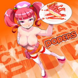 Rule 34 | 1girl, :p, bag, bandages, belt, bemani, blush, boots, brand name imitation, breasts, cherry pie, cleavage, employee uniform, food, fruit, hair ornament, hand on own hip, handbag, heart, highres, hooters, large breasts, looking at viewer, milk (pop&#039;n music), nipples, osamu yagi, pie, pink hair, plate, pop&#039;n music, red eyes, short hair, short shorts, shorts, smile, solo, strawberry, tank top, thigh boots, thighhighs, tongue, tongue out, topless, twintails, uniform