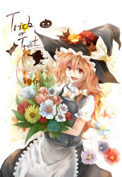 Rule 34 | 1girl, absurdres, apron, ase tou mi kaameru, bad id, bad pixiv id, blonde hair, bouquet, bow, female focus, flower, hair bow, hat, hat bow, highres, jack-o&#039;-lantern, kirisame marisa, long hair, open mouth, petals, puffy sleeves, short sleeves, solo, touhou, witch hat, yellow eyes