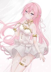 Rule 34 | 1girl, bare shoulders, blue eyes, blush, bracelet, choker, collarbone, commentary request, dress, eyelashes, gold choker, gramophone luka, hair between eyes, headphones, highres, jewelry, klee-on, leg tattoo, long hair, looking at viewer, megurine luka, miku symphony (vocaloid), pink hair, simple background, skindentation, solo, standing, tattoo, thigh strap, thighs, very long hair, vocaloid, white background, white dress