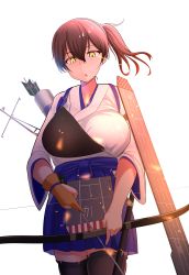Rule 34 | 1girl, absurdres, arrow (projectile), black thighhighs, blue hakama, bow (weapon), breasts, brown eyes, brown hair, cowboy shot, flight deck, gloves, glowing, glowing eyes, hakama, hakama short skirt, hakama skirt, highres, holding, holding bow (weapon), holding weapon, japanese clothes, kaga (kancolle), kaga kai ni (kancolle), kantai collection, large breasts, long hair, muneate, partially fingerless gloves, partly fingerless gloves, short sidetail, side ponytail, simple background, single glove, skirt, solo, standing, tasuki, thighhighs, user wkgs2522, weapon, white background, yugake, yumi (bow)