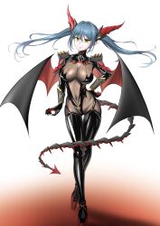 Rule 34 | 1girl, anchor symbol, azur lane, black gloves, black leotard, black thighhighs, blue hair, bodystocking, breasts, cleavage, closed mouth, commentary, covered navel, cross, crossed legs, dragon girl, dragon horns, dragon tail, dragon wings, floating hair, full body, garter straps, gauntlets, gint=ktouka, gloves, hair between eyes, halter leotard, halterneck, hand on own hip, highres, horns, iron cross, large breasts, leotard, long hair, looking at viewer, mechanical horns, mechanical tail, pointy ears, regensburg (azur lane), rudder footwear, see-through, see-through cleavage, shadow, shoulder spikes, shrug (clothing), sidelocks, skindentation, smile, solo, spikes, standing, tail, thighhighs, twintails, two-tone wings, watson cross, white background, wings, yellow eyes