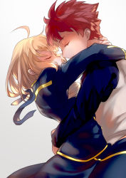 Rule 34 | 1boy, 1girl, arms around neck, arms around waist, artoria pendragon (all), artoria pendragon (fate), blonde hair, blue ribbon, blue skirt, blue sleeves, closed eyes, closed mouth, couple, emiya shirou, fate/stay night, fate (series), grey background, hair ribbon, hug, long sleeves, red hair, ribbon, saber (fate), shirt, short hair, simple background, skirt, smile, suzuakks, white shirt