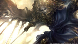 Rule 34 | 1boy, androgynous, artist request, black eyes, blonde hair, blue robe, cloud, company name, copyright name, copyright notice, cowboy shot, day, final fantasy, final fantasy xiv, gauntlets, highres, holding, holding sword, holding weapon, innocence (final fantasy), long hair, looking to the side, male focus, official art, outstretched arm, robe, sky, smile, solo, sword, wavy hair, weapon, wing armor, wings, yellow sky