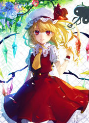 Rule 34 | 1girl, ascot, bad id, bad pixiv id, blonde hair, daimaou ruaeru, dress, flandre scarlet, flower, hat, hat ribbon, highres, laevatein, looking at viewer, mob cap, puffy short sleeves, puffy sleeves, red dress, red eyes, ribbon, shirt, short sleeves, side ponytail, solo, touhou, wings, wrist cuffs