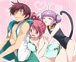 Rule 34 | 1boy, 2girls, ahoge, akina tsukako, aqua eyes, asbel lhant, black one-piece swimsuit, breast press, breasts, brown hair, cheria barnes, child, competition swimsuit, double bun, closed eyes, green one-piece swimsuit, hood, hoodie, medium breasts, multiple girls, official alternate costume, one-piece swimsuit, pink background, pink hair, purple hair, school swimsuit, short hair, shorts, small breasts, sophie (tales), surprised, surprised arms, swimsuit, tail, tales of (series), tales of graces