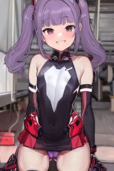 Rule 34 | 1girl, airport96, alice gear aegis, armor, bare shoulders, black gloves, black leotard, blunt bangs, blurry, blurry background, covered navel, elbow gloves, flat chest, gloves, gluteal fold, highres, ichijou ayaka, leotard, long hair, looking at viewer, panties, purple eyes, purple hair, purple panties, sidelocks, smile, solo, standing, twintails, underwear