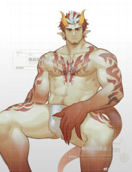 Rule 34 | 1boy, abs, absurdres, amaimochi, bara, beard, bodypaint, briefs, bulge, check copyright, colored skin, commission, copyright request, crotch grab, earrings, facial hair, feet out of frame, highres, horns, jewelry, large hands, large pectorals, looking at viewer, male focus, male underwear, mature male, multicolored hair, muscular, muscular male, navel, navel hair, nipples, original, pectorals, pointy ears, red hair, red skin, short hair, sitting, solo, spread legs, stomach, thick thighs, thighs, topless male, two-tone hair, underwear, underwear only, watermark, white hair, white male underwear