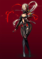 Rule 34 | 10s, 1girl, armor, blade &amp; soul, bodysuit, breast hold, breasts, center opening, cleavage, crossed legs, highres, hip focus, kim hyung tae, crossed legs, long hair, medium breasts, pauldrons, petals, ponytail, ribbon, shoulder armor, silver hair, sketch, solo, standing, sword, unfinished, watson cross, weapon, wide hips, yellow eyes