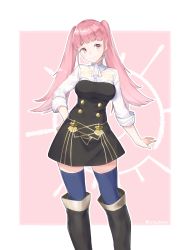 Rule 34 | 1girl, blue thighhighs, boots, breasts, closed mouth, female focus, fire emblem, fire emblem: three houses, garreg mach monastery uniform, highres, hilda valentine goneril, long hair, matching hair/eyes, medium breasts, nintendo, pink background, pink eyes, pink hair, ruis bacon, smile, solo, thigh boots, thighhighs, thighs, twintails, twitter username, uniform, zettai ryouiki