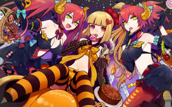 Rule 34 | 3girls, bad id, bad pixiv id, breasts, cake, candle, candy, demon horns, food, happy halloween, harano, highres, horns, jack-o&#039;-lantern, long hair, multiple girls, name tag, open mouth, original, pantyhose, skirt, smile, striped legwear, thighhighs