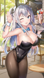 1girl ;d absurdres animal_ears arm_up armpits bare_arms bare_shoulders black_leotard blue_eyes blurry bow bowtie breasts brown_pantyhose cleavage collarbone covered_navel day depth_of_field detached_collar fake_animal_ears fake_tail groin hair_ribbon hairband highleg highleg_leotard highres kitin large_breasts leotard long_hair looking_at_viewer no_bra one_eye_closed open_mouth original outdoors pantyhose parfait playboy_bunny rabbit_ears rabbit_tail revision ribbon silver_hair smile solo standing strapless strapless_leotard tail two_side_up v-shaped_eyebrows wrist_cuffs